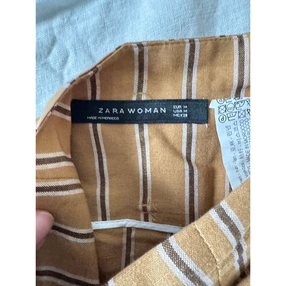 Zara Woman Mustard Brown Striped Midi Skirt Linen Blend Belted High Waist Size M - Picture 4 of 6